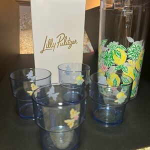 Lilly Pulitzer Lemon and Floral pitcher and cups